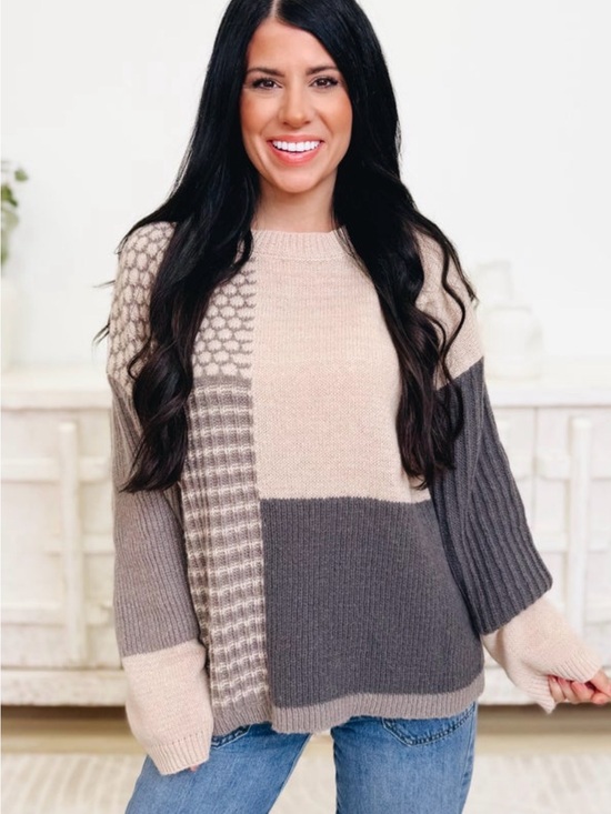 BiBi Sweaters - BiBi Patchwork Knit Sweater in Cream and Charcoal colors.